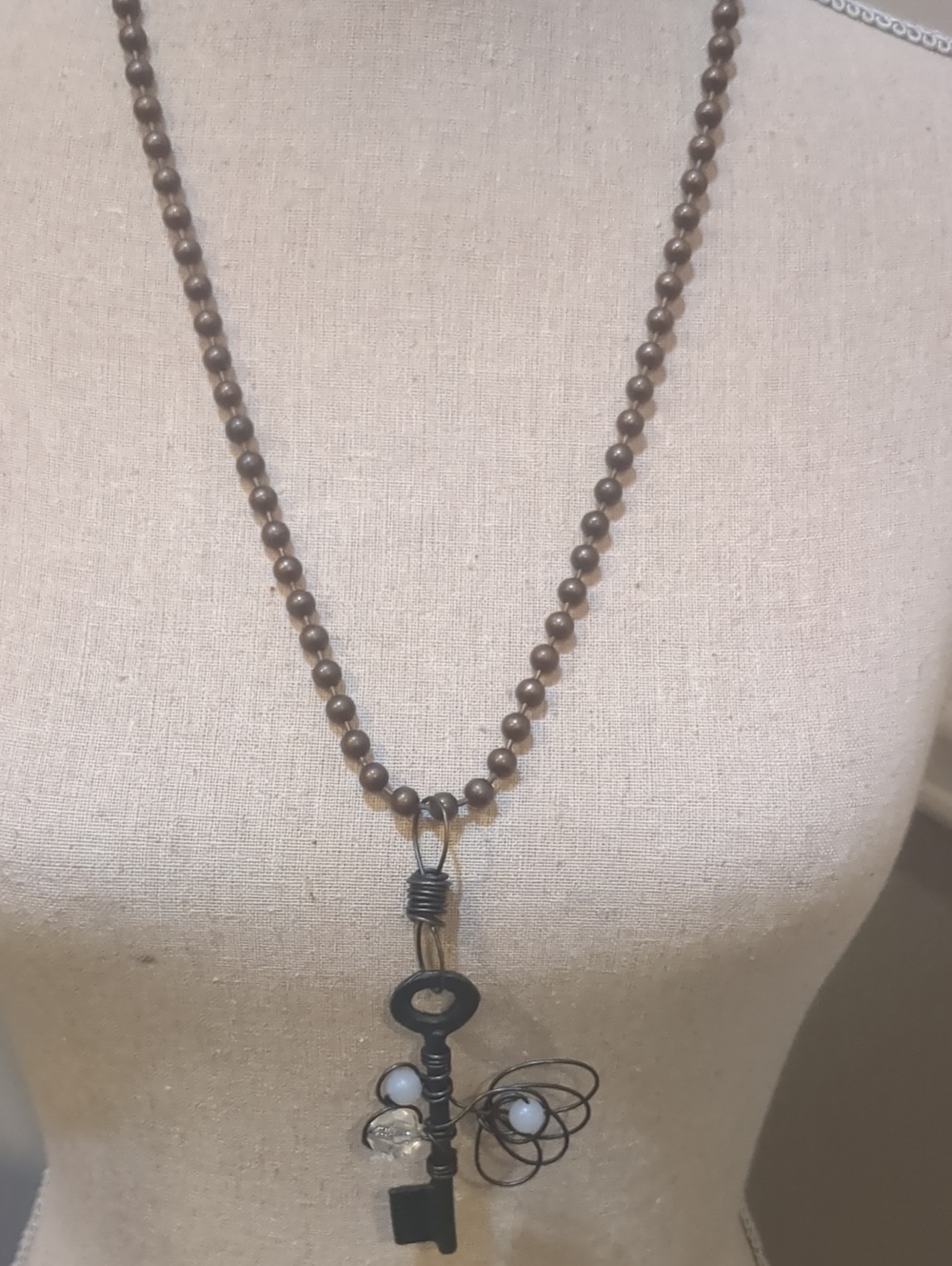 Steampunk Brown Key Pendant Necklace with Black Wire Accents